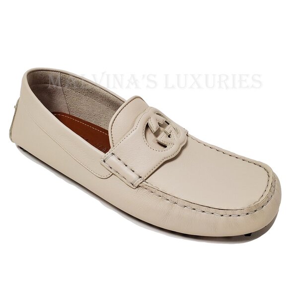 GUCCI SHOES MENS LOAFERS MOCCASINS G LOGO WHITE LEATHER sz 7.5G 8 - Picture 7 of 14